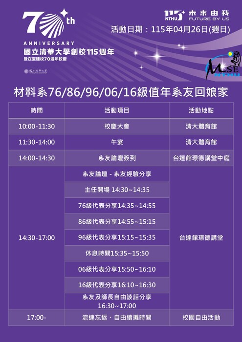 國立清華大學創校115週年暨在台建校70週年校慶-2026年材料系友校慶回娘家 【餐敘、系友論壇】 報名表~ 即日起報名至3/27(五)止圖片